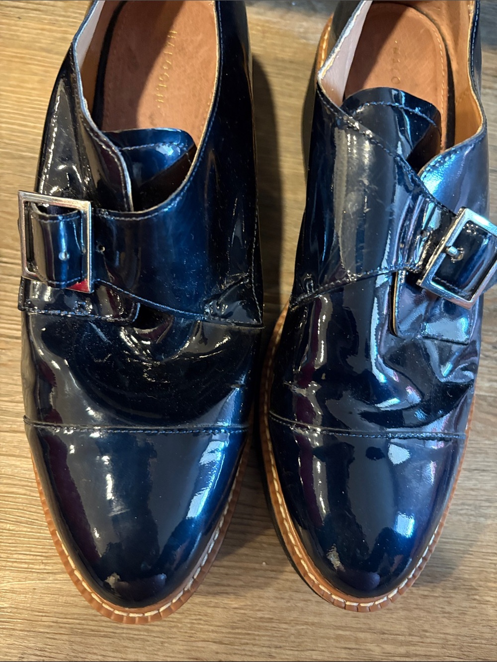 Halogen Navy Patent Leather Monk Strap Loafers